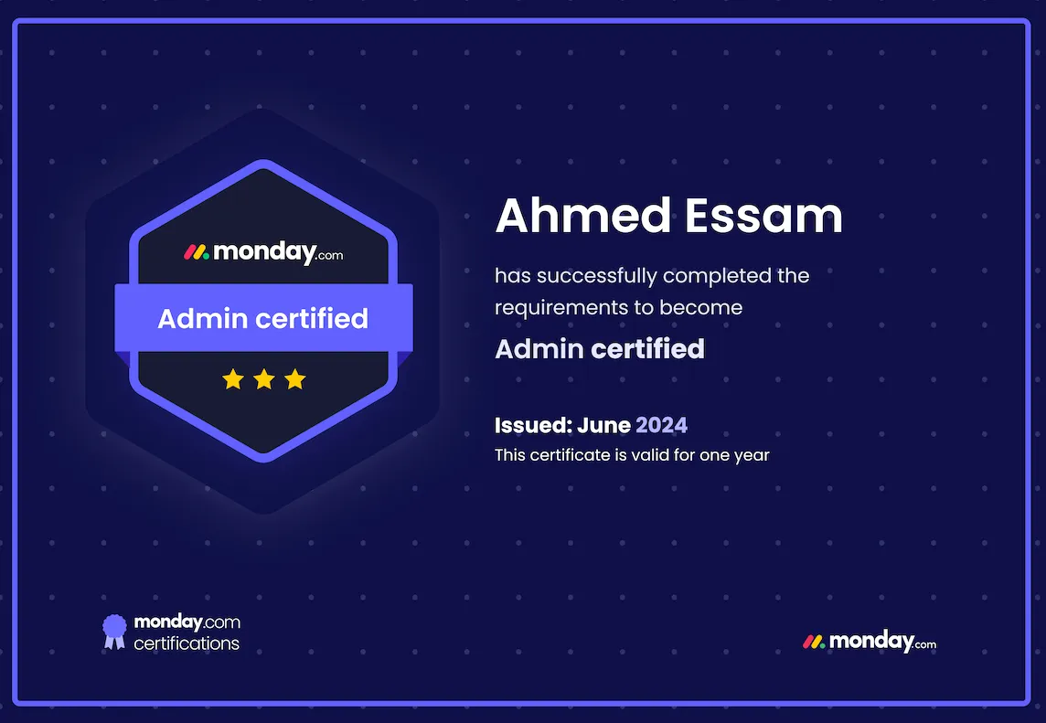 Admin Certified certificate, issued to Ahmed Essam by monday.com Certifications, June 2024