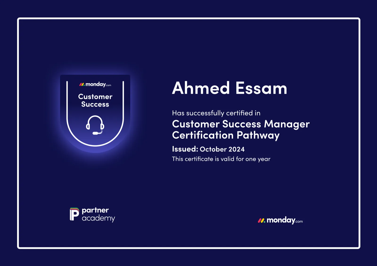 Customer Success Manager Certification Pathway certificate, issued to Ahmed Essam by monday.com Partner Academy, October 2024