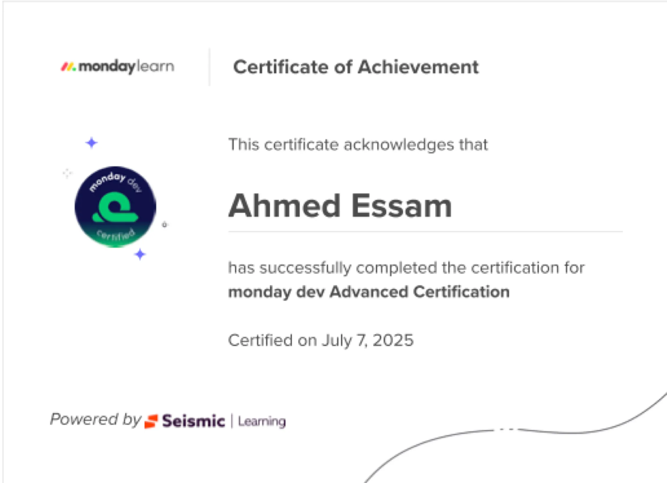 monday dev Advanced Certification certificate, issued to Ahmed Essam by monday learn, July 2025
