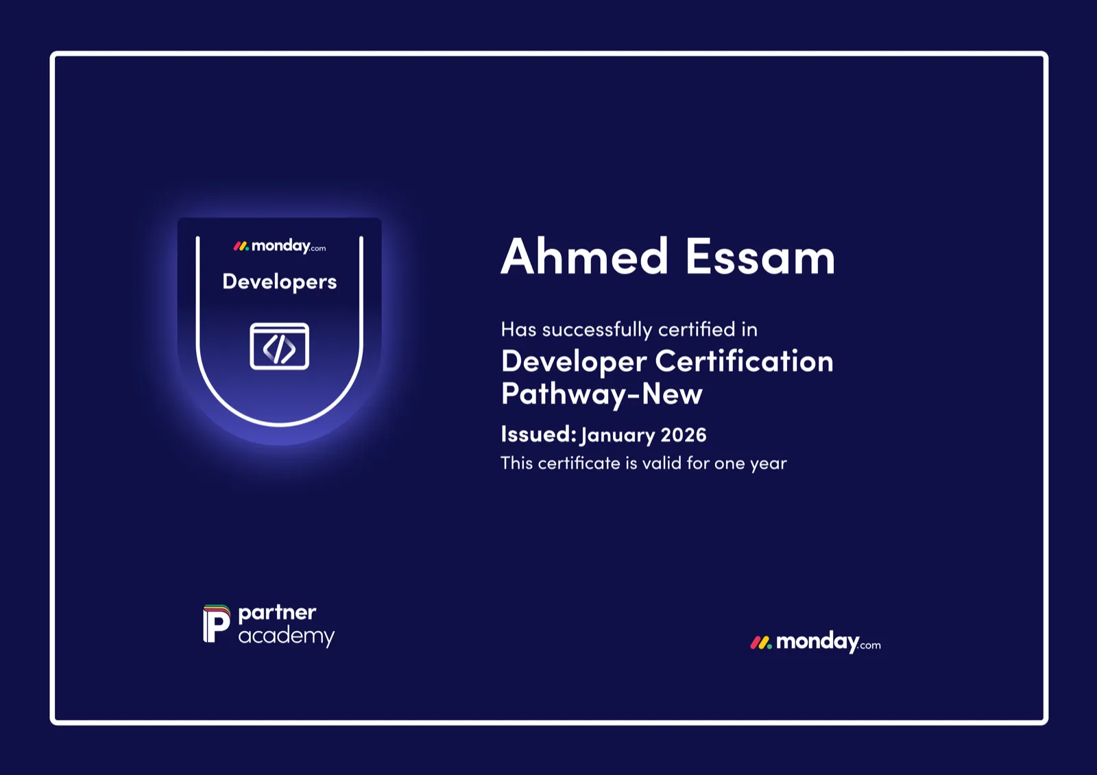 Developer Certification Pathway certificate, issued to Ahmed Essam by monday.com Partner Academy, January 2026