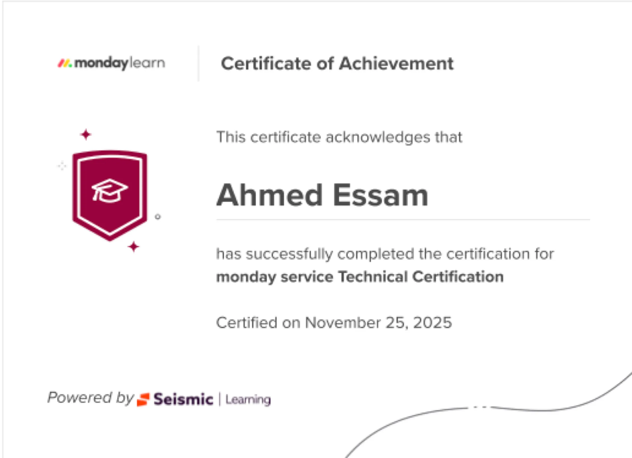 monday service Technical Certification certificate, issued to Ahmed Essam by monday learn, November 2025